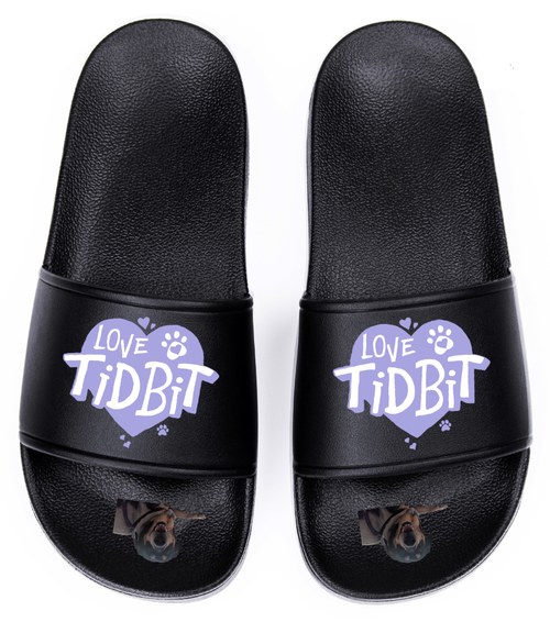 A pair of black Love Tidbit slides with the periwinkle heart logo on the strap and a photo of Tidbit on the footbed